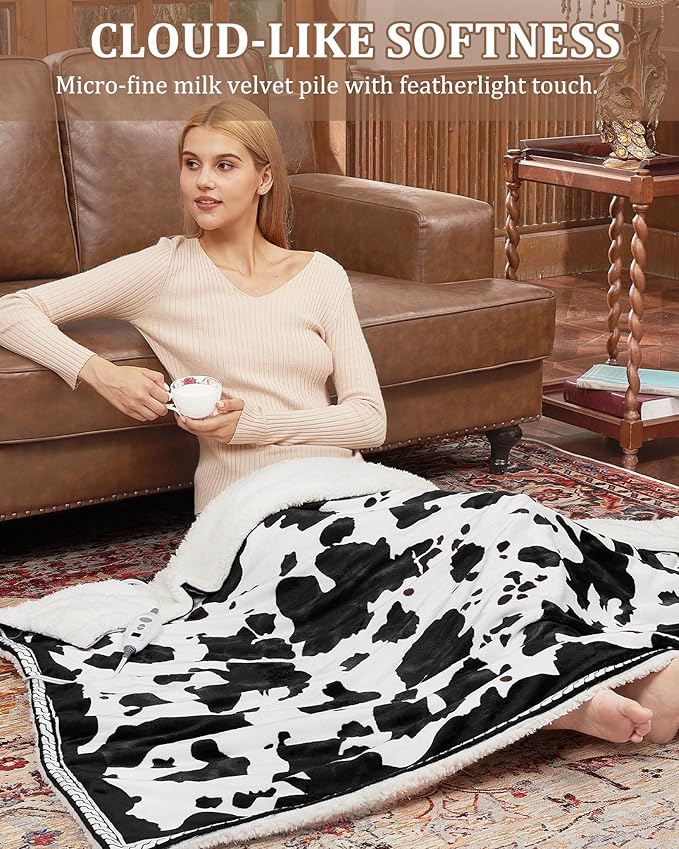 CAROMIO Heated Electric Blanket Throw, Cow Print Fast Heating Throw Blankets with LCD Controller, 6 Heat Levels & 4 Hour Auto Shut Off, ETL Certified, Machine Washable, Black White, 50" x 60"