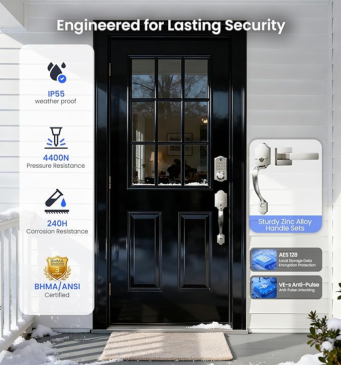 Veise VE017-H Fingerprint Smart Front Door Lock Set, App Control, Keyless Entry Deadbolt with Handle, Smart Deadbolt, Emergency Power Port, Touchscreen Keypad, Auto Lock, Easy Install, Satin Nickel
