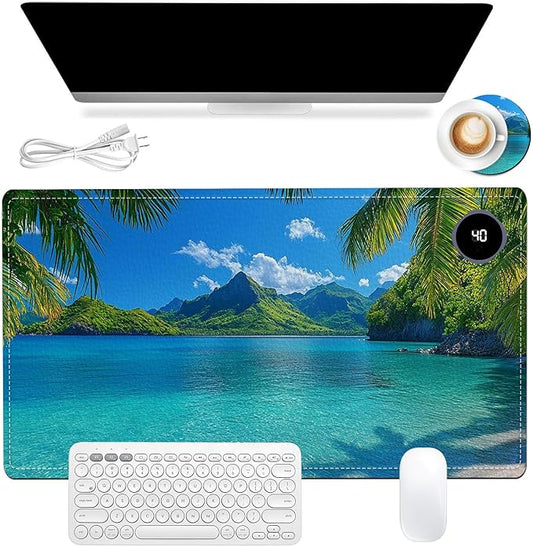 Heated Mouse Pad 23.6 x 14 in 3-Temp Fast Heating Desk Mat with Auto Timer Warmer for Hands Wrist Pain Relief Waterproof Keyboard Mat for Office, Gaming, Home, Tropical Paradise Beach