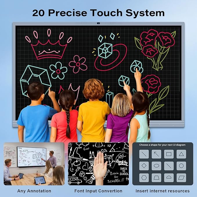 65" Smart Board, Interactive Whiteboard, 4K UHD Touch Screen Digital Board, Digital Electronic Smartboard with Dual System, for Classroom,Office & Conference Rooms (Wall Mount Included)