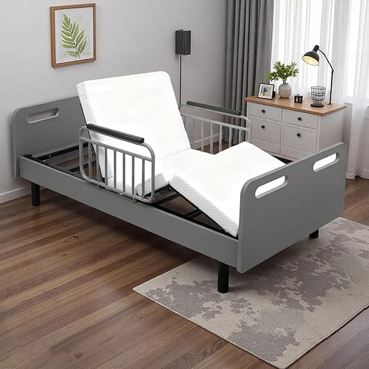 Electric Adjustable Bed for Home Use with Remote Control, Memory Foam Folding Mattress & Safety Side Rails, Home Healthcare Support (Grey,White)