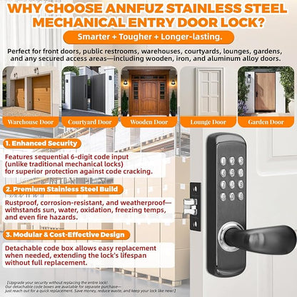 Stainless Steel Mechanical Keypad Entry Door Handle Lock,Commercial Keyless Push Button Code Door Lever,Single-Sided Combination &Interior Non-locking,Exterior Auto-Lock,For Outdoor,Matte Black