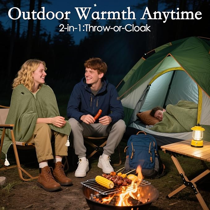 Wearable Heated Blanket Shawl 71" × 43", Includes 2× 20000mAh 22.2W Power Bank, 11 Heating Zones, 3 Heat Levels & 1–6H Timer, 20s Fast Warm, Machine Washable for Camping/Office/Travel (Green)