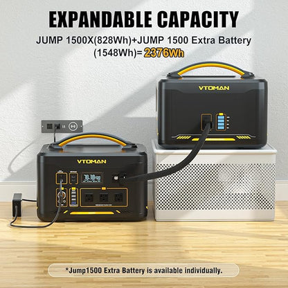 VTOMAN Jump1500X Portable Power Station, 828Wh LiFePO4 Battery Solar Generator with Jump Start, 1500W AC Outlet, 100W PD Type-C, Large Capacity Expandable to 2376Wh for Camping, RV Travel, Home Backup