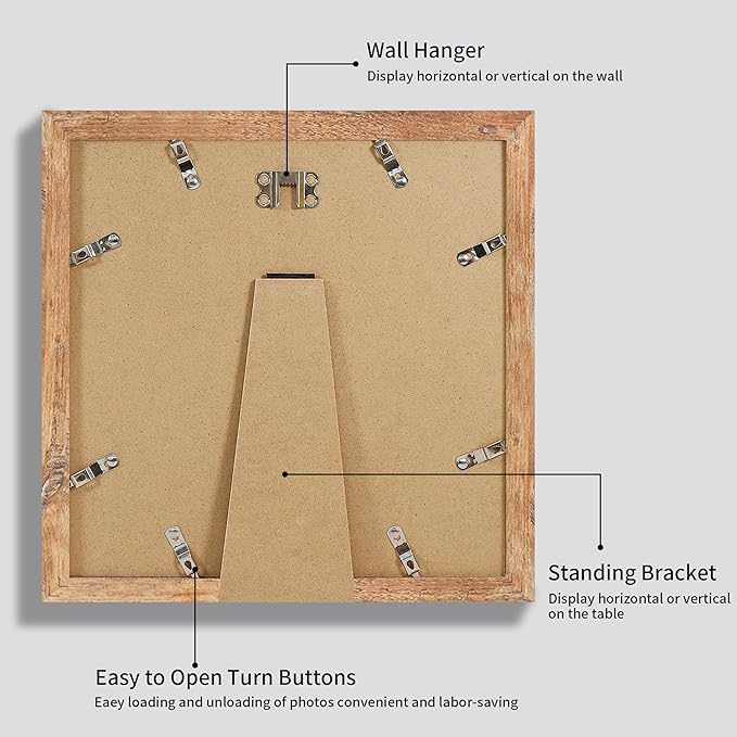 iRahmen 12x12 Picture Frame Set of 4 with Tempered Glass, Rustic Brown Frame Display 10x10 Pictures with Mat or 12 x 12 Without Mat, Wood Square Photo Frames for Desktop Display and Wall Mounting