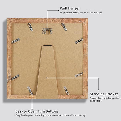 iRahmen 12x12 Picture Frame Set of 4 with Tempered Glass, Rustic Brown Frame Display 10x10 Pictures with Mat or 12 x 12 Without Mat, Wood Square Photo Frames for Desktop Display and Wall Mounting