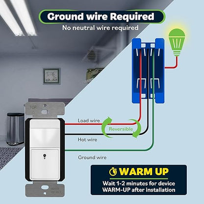 TOPGREENER Motion Sensor Switch, PIR Sensor with Ambient Light Level, 𝐍𝐨 𝐍𝐞𝐮𝐭𝐫𝐚𝐥 𝐑𝐞𝐪𝐮𝐢𝐫𝐞𝐝, Ground Wire Required, Occupancy & Vacancy Modes, Single Pole, TDOS5-JM-W-2PCS, White