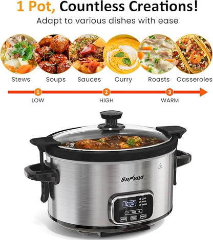 4QT Programmable Slow Cooker with Removable Ceramic Pot, Locking Lid, 3 Heating Settings & Timer, Dishwasher-Safe, Stainless Steel Silver