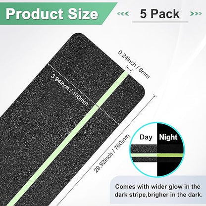 5-Pack Anti Slip Traction Tape 30" x 4" Best Grip Tape Grit with 6mm/0.24" Glow in Dark Stripe High Traction Friction Abrasive Adhesive for Indoor/Outdoor Stairs[Black+Green]