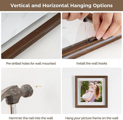 Axeman 4x6 Floating Picture Frame - Solid Oak Wood Picture Frame, Double Tempered Glass Photo Frame 2x3 3.5x5 4''x6'' Wood Frame, Wall Mount Or Tabletop Standing, Walnut