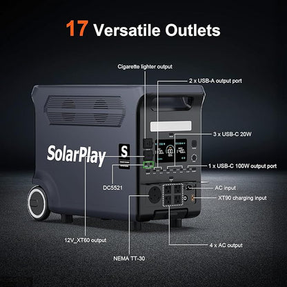 SolarPlay Q3600 Portable Power Station, 3600W AC Output(Surge 5500W) 3840Wh LiFePO4 Battery Solar Powered Generator, Essential Home Backup for Home Use, Power Outages, RV, Camping, Outdoor Adventures