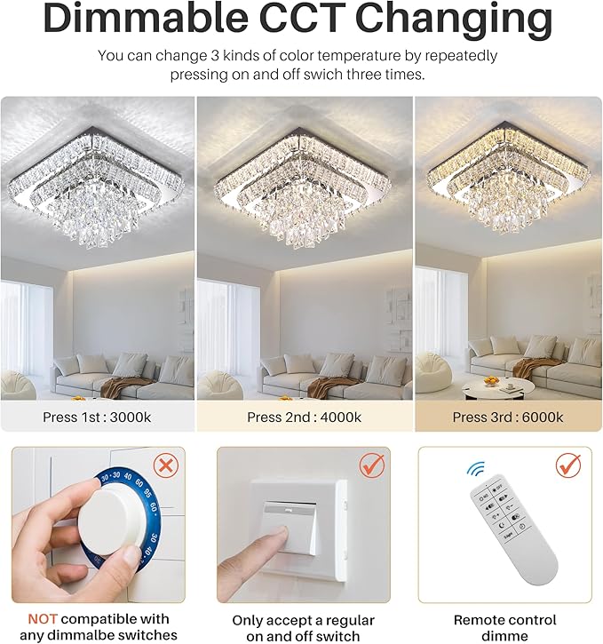 Elegant LED Crystal Raindrop Ceiling Light,18in Square Flush Mount Chandelier with Remote for Living Room Kitchen Island Bedroom Hallway Entryway Foyer (Dimmable)