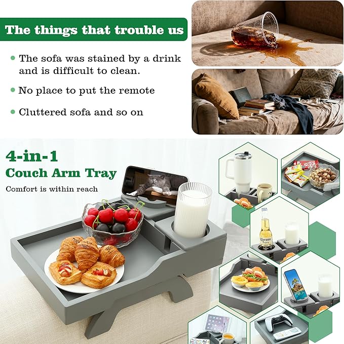 Couch Cup Holder, 4-in-1 Side Couch Arm Tray with Phone Holder, Sofa Clip on Side Table for Wide Couches Arm, Suitable for Home Drinks/Remote/Snacks-Grey