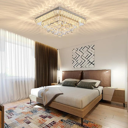 COCOSTAR 18 inch Crystal Flush Mount Chandelier Remote/APP, Modern Raindrop LED Ceiling Light, 3CCT Dimmable & Brightness Adjustable,Elegant Chandeliers for Bedroom Hallway Dinning Room Living Room
