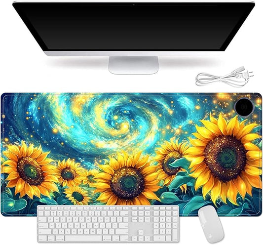 Heated Mouse Pad for Desk 31.5" x 13" – PU Leather Warm Desk Pad with 3 Heat Levels (104°F/113°F/122°F), Plug-in Electric Heating Mat with Auto Shut-Off, Waterproof & Rollable, Starry Sunflowers
