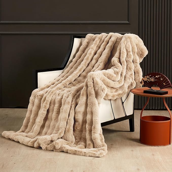 SAPHREAS Faux Fur Throw Blanket for Couch, Fluffy Fuzzy Bubble Blanket for Sofa Bed Living Room, Decor Soft Cozy Gifts for Women Men, 60x80” Khaki