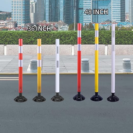 8 Pack Traffic Delineator Posts – High Visibility Reflective Safety Cones with Spring Base for Roadway, Parking, Garage, Construction Zones (White, 48 Inch)