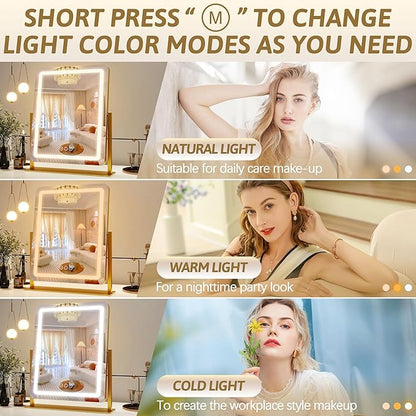 ROLOVE Vanity Mirror with Lights, 18"x22" LED Makeup Mirror with 10X Magnification, Smart Touch 3 Colors Dimmable, Light Up Mirror for Makeup Desk, 360° Rotation, Gold