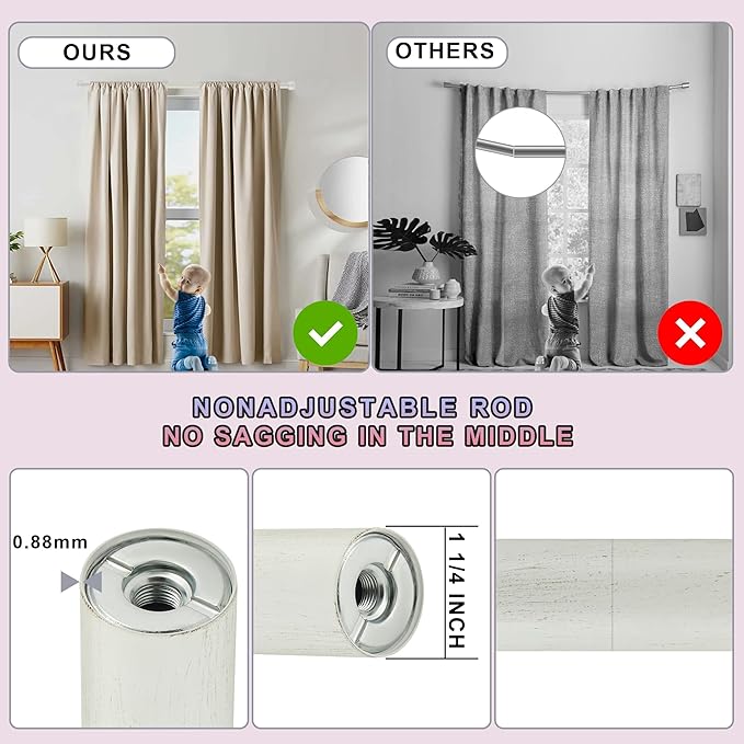 Heavy Duty Curtain Rods,1 1/4" Large Diameter Premium Nonadjustable Curtain Rod,48in/4ft Custom Window Treatment Rods with Durable Aluminum Brackets and End Caps,White Finish