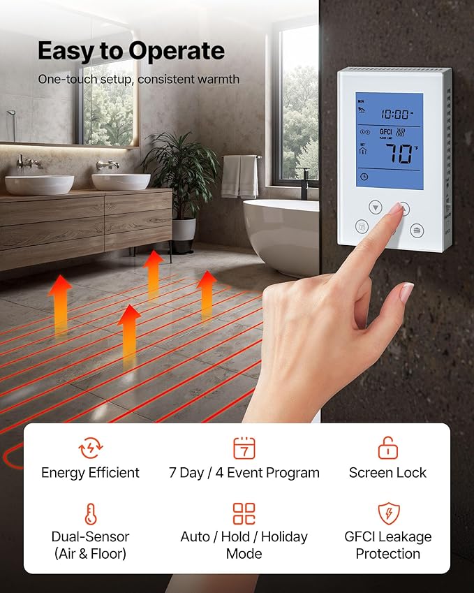 VEVOR 100 sqft Underfloor Heating Cable Kit, 120V Electric Radiant Heated Floor System, with Smart Control Thermostat & Alarm, Easy Installation for Tile, Stone, Vinyl, Home Improvement