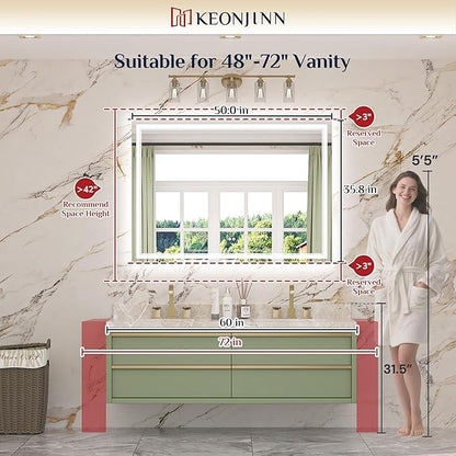 Keonjinn 50" x 36" Bathroom LED Mirror, Front & Back Lighted Mirror for Bathroom Wall, Tempered Glass, Safe Defogger, 3 Color Temperature, Dimmable, Memory Function, Light Up Vanity Mirror
