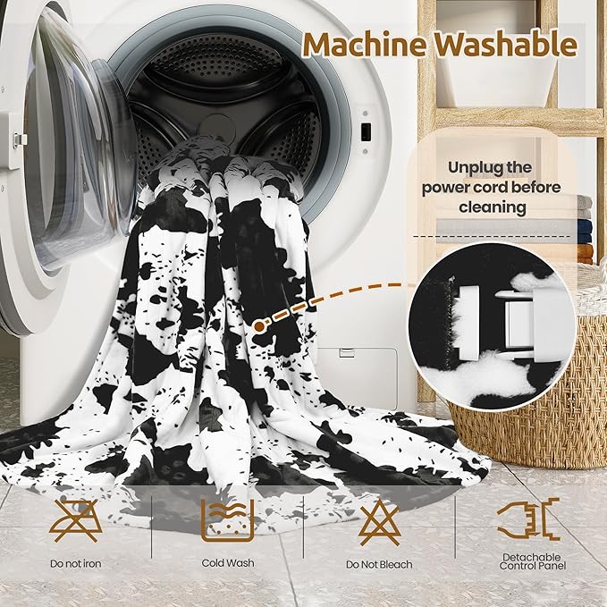 Electric Blanket Queen Size, Dual Control Heated Blanket with 6 Heat Settings, 1-12H Timer, Soft Sherpa & Flannel, Machine Washable, Black Cow Print, 84" x 90"