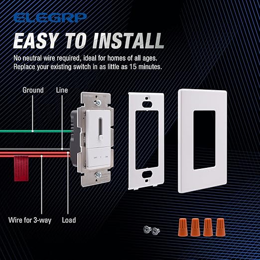 ELEGRP Slide Dimmer Switch for Dimmable LED, CFL and Incandescent Light Lamp Bulbs, Single Pole or 3-Way, Full Control with Preset, Rocker Paddle, Wall Plate Included, UL Listed (6 Pack, Matte White)