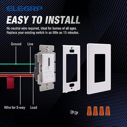 ELEGRP Slide Dimmer Switch for Dimmable LED, CFL and Incandescent Light Lamp Bulbs, Single Pole or 3-Way, Full Control with Preset, Rocker Paddle, Wall Plate Included, UL Listed (2 Pack, Matte White)