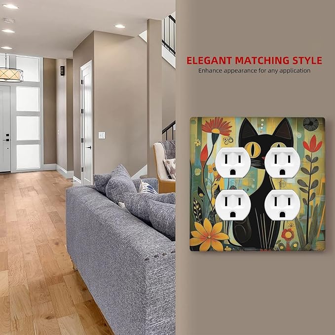 Funny Cat Retro Abstract Flowers Kitten Outlet Covers 2 Gang Double Duplex Decorative Light Switch Covers Electrical Wallplates Socket Faceplate For Kids Room Bed Room Decor
