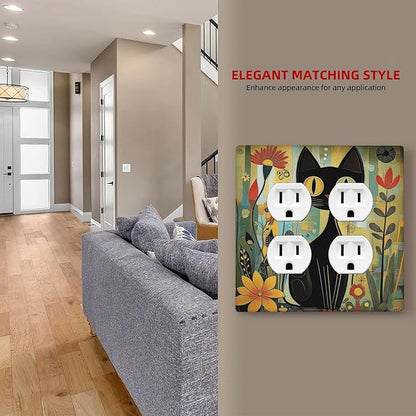 Funny Cat Retro Abstract Flowers Kitten Outlet Covers 2 Gang Double Duplex Decorative Light Switch Covers Electrical Wallplates Socket Faceplate For Kids Room Bed Room Decor