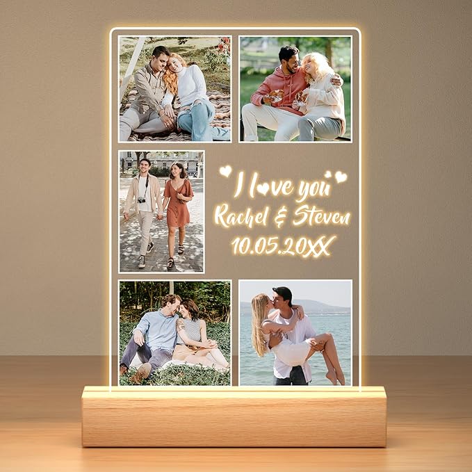 Custom Picture Frame with Photo, Customized Photo Frame with Night Light, Personalized Boyfriend Girlfriend Gifts for Couples, Personalized Anniversary Valentines Day Gifts for Women Men Her Him Wife