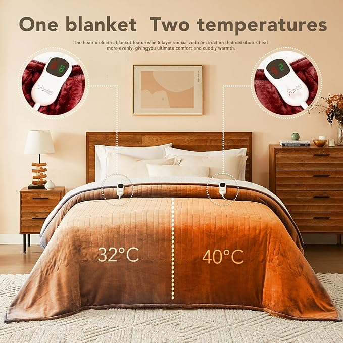 Homemate Electric Heated Blanket King - 100"x90" Heating Bed Blankets Throw with 10 Heating Levels 8 Hours Auto Off Fast Heating Over-Heated Protection Ultra Soft Warm Flannel ETL Certified Red
