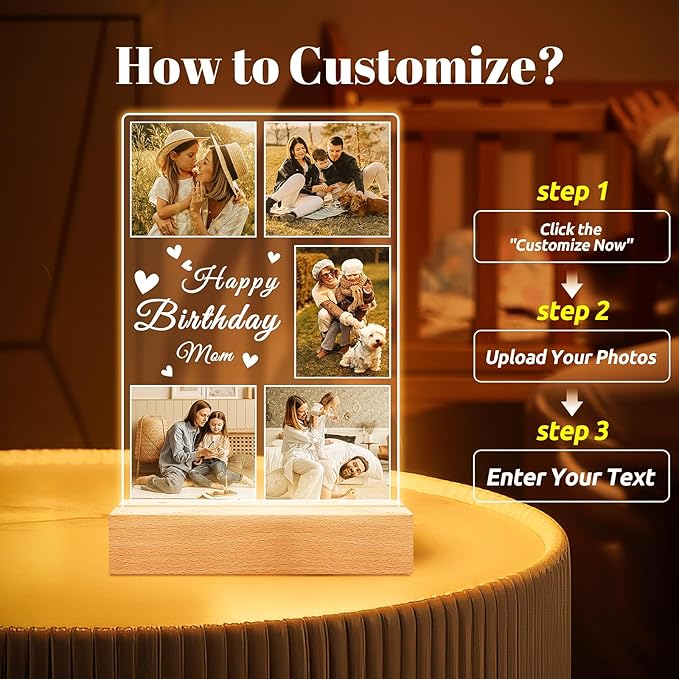Personalized Birthday Gifts for Mom from Daughter Son, Custom Collage Picture Frames with Photo, Customized Photo Frame with Night Light, Personalized Gifts for Mom Baby Kids Family