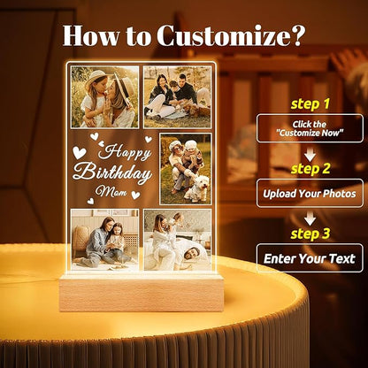 Personalized Birthday Gifts for Mom from Daughter Son, Custom Collage Picture Frames with Photo, Customized Photo Frame with Night Light, Personalized Gifts for Mom Baby Kids Family