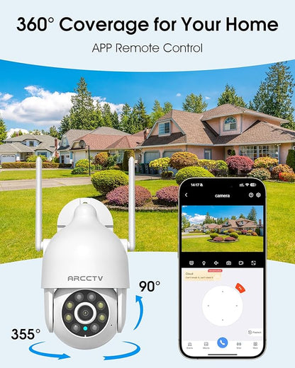 2K Security Camera Outdoor, 2.4G/5G WiFi 24/7 Recording Security Camera, 360° PTZ Auto Tracking, Motion Tracking, Full Color Night Vision, Waterproof