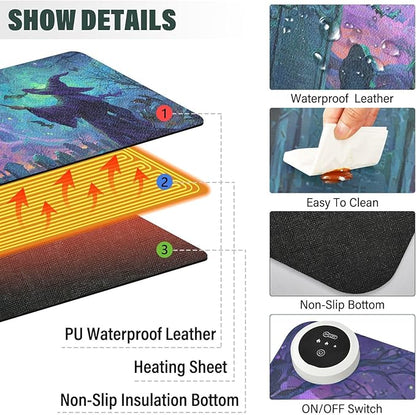 Heated Desk Pad Mouse Pad 31.5x13 Inch PU Leather Desk Mat with 3 Heat Levels Large Mouse Gaming Computer Laptop Mat Halloween Graveyard Purple