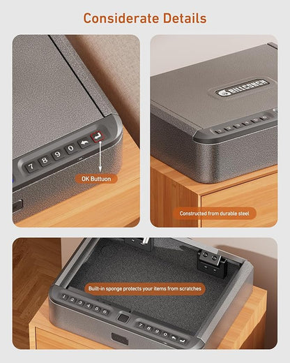 BILLCONCH Gun Safe for Handgun - Biometric Gun Safe 4 Ways Quick Access with Fingerprint/Full-digital Keypad/Key/APP Lock Handgun Pistol Safe for Nightstand Bedside Home
