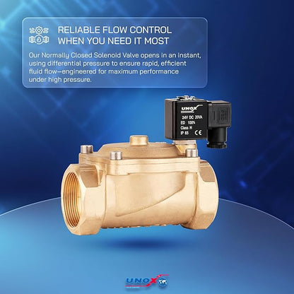 UNOX 2 inch NPT Solenoid Valve 24V DC, Brass Control Valve Normally Closed - 7-232 PSI Multi-Purpose Reliable Control Valve for Water, Air, and Gas - Solenoid Valves