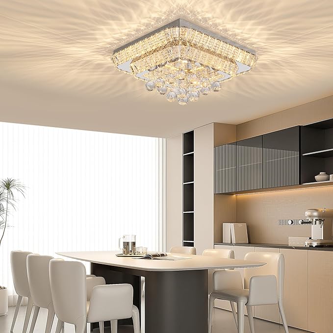 COCOSTAR 18 inch Crystal Flush Mount Chandelier Remote/APP, Modern Raindrop LED Ceiling Light, 3CCT Dimmable & Brightness Adjustable,Elegant Chandeliers for Bedroom Hallway Dinning Room Living Room