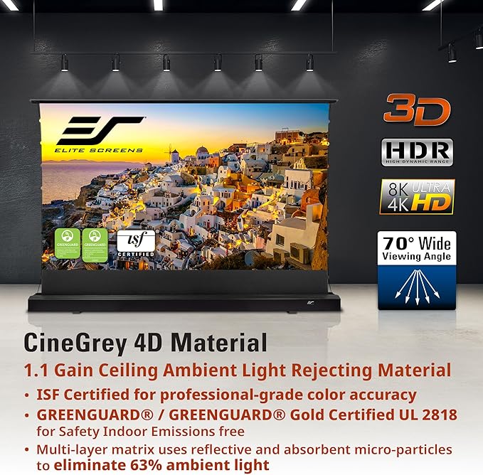 Elite Screens Kestrel Tab-Tension Pro CineGrey 4D, 135" Diag., 16:9 Aspect Ratio, ISF Certified 4K/8K Ultra HD Electric Floor-Rising Motorized Tab-Tensioned Front Projector Screen, FTE135H3-C4D