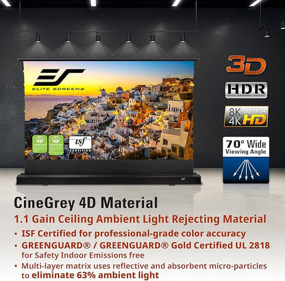 Elite Screens Kestrel Tab-Tension Pro CineGrey 4D, 135" Diag., 16:9 Aspect Ratio, ISF Certified 4K/8K Ultra HD Electric Floor-Rising Motorized Tab-Tensioned Front Projector Screen, FTE135H3-C4D