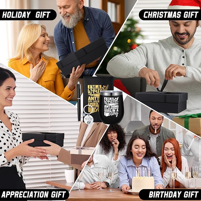 6 Pcs Writer Gifts for Men Women Future Author's Gift 12 oz Stainless Steel Cup Socks Keychain Pen Notebook Box for Novelist Screenwriter Poet Christmas Reading Writing Book Gifts