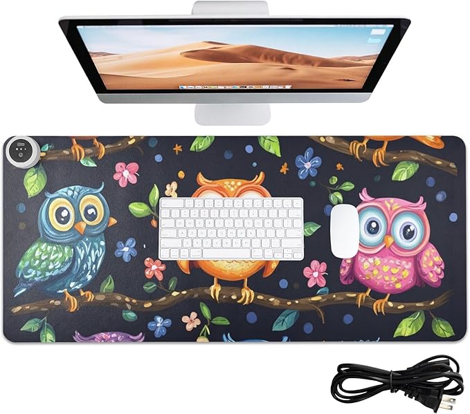 Heated Desk Pad Mouse Pad 31.5x13 Inch PU Leather Desk Mat with 3 Heat Levels Large Mouse Gaming Computer Laptop Mat Vibrant Owls Branches Flowers Spring