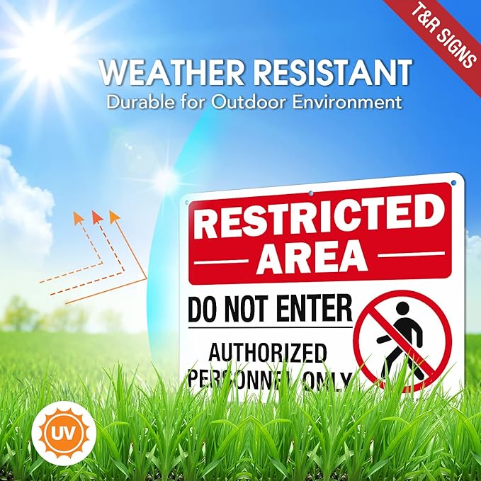 T&R Large Restricted Area Do Not Enter Authorized Personnel Only Sign - 4 Pack - 14 x 10 Inches Rust Free .040 Aluminum - UV Protected, Waterproof, Weatherproof and Fade Resistant - 6 Pre-drilled Holes