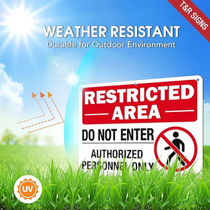T&R Large Restricted Area Do Not Enter Authorized Personnel Only Sign - 4 Pack - 14 x 10 Inches Rust Free .040 Aluminum - UV Protected, Waterproof, Weatherproof and Fade Resistant - 6 Pre-drilled Holes