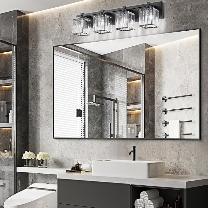 Crystal Bathroom Light Fixtures, 4 Light Black Vanity Lighting Over Mirror with Crystal Shades, Modern Bathroom Vanity Light for Restroom, Bath, Cabinet and Powder Room