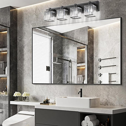 Crystal Bathroom Light Fixtures, 4 Light Black Vanity Lighting Over Mirror with Crystal Shades, Modern Bathroom Vanity Light for Restroom, Bath, Cabinet and Powder Room