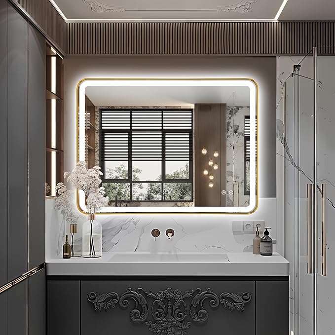 Rectangle LED Bathroom Mirror, 40"x30" Anti-Fog Double Touch Lighted Wall Vanity Mirror 45° Beveled Metal Frame Stepless Adjustable Color Temperature Smart Mirror 3000K-6000K, Gold