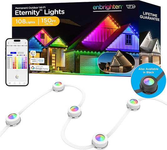 Enbrighten Vibe Eternity Permanent Outdoor Lights for House, 150ft, 108 RGBWIC LEDs, Close Spacing, 33lm, Color Changing, Christmas, Eave Lighting, Smart App, Works with Alexa, Google Home, 85102