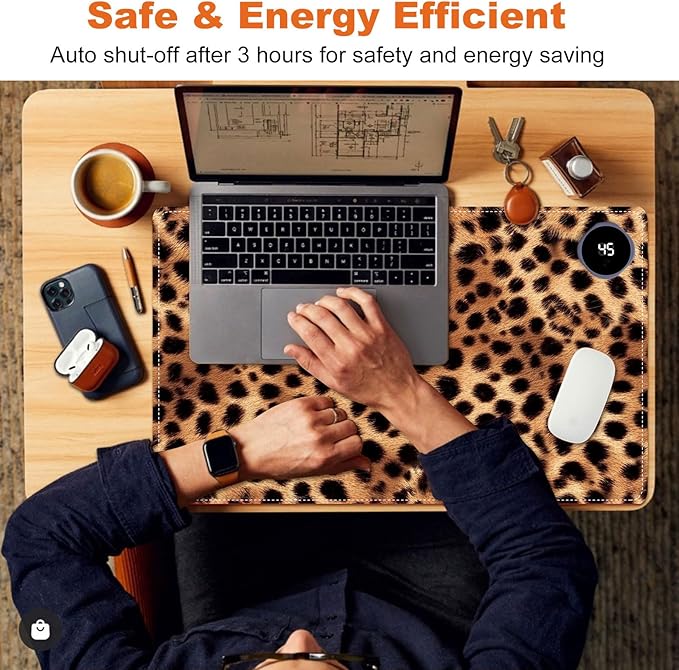 Small Heated Desk Pad 23.6" x 14.2" – Compact Electric Mouse Pad with 3 Heating Levels, Auto Shut-Off, Waterproof PU Surface, Plug-in Warmer for Office or Home Use, Leopard Print